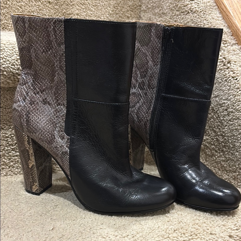 Women’s Two-Tone Leather & Snake-Print Ankle Boots - Black/Taupe